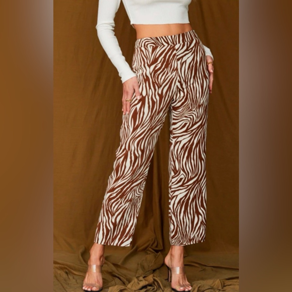 12th Tribe Zebra Print Wide Leg Pants - Brown and White